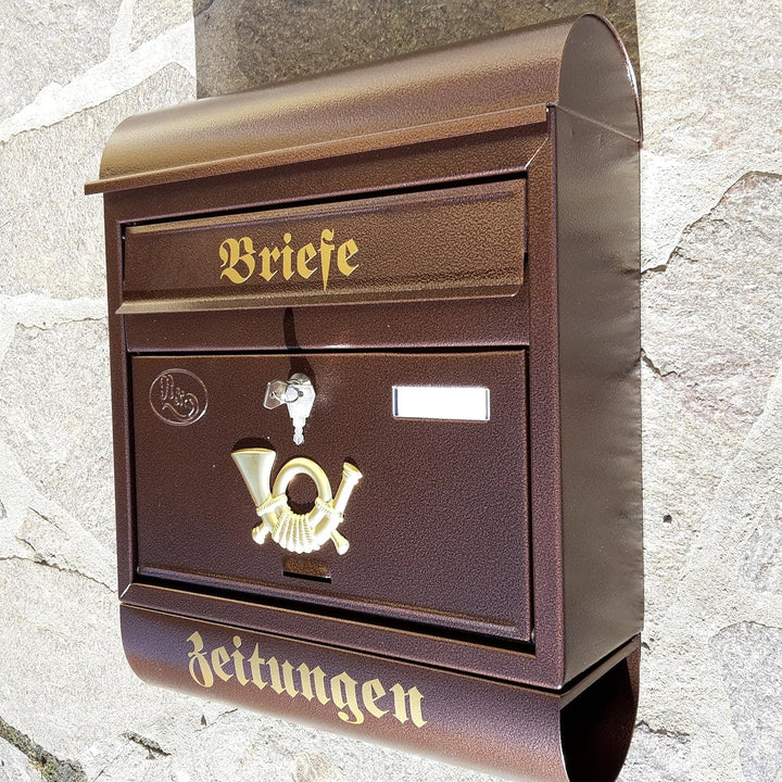 Eigenmarke Grosser Briefkasten/Postkasten XXL Kupfer/Bronce mit Zeitungsrolle Runddach Wandmontage