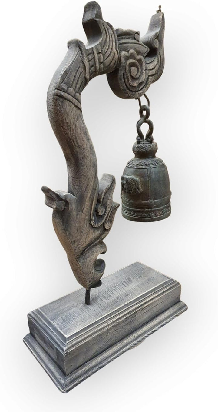 Kinaree Thai Tempel Glocke mit Schnitzerei - Bronze Glocke - Massivholz - thailändische Dekoration -