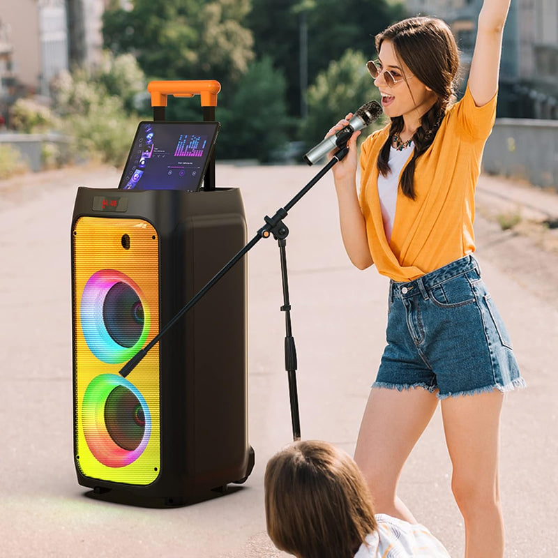 JYX Karaoke Anlage mit 2 drahtlosen Mikrofonen, Grosser Karaoke Lautsprecher Bluetooth mit Rädern un
