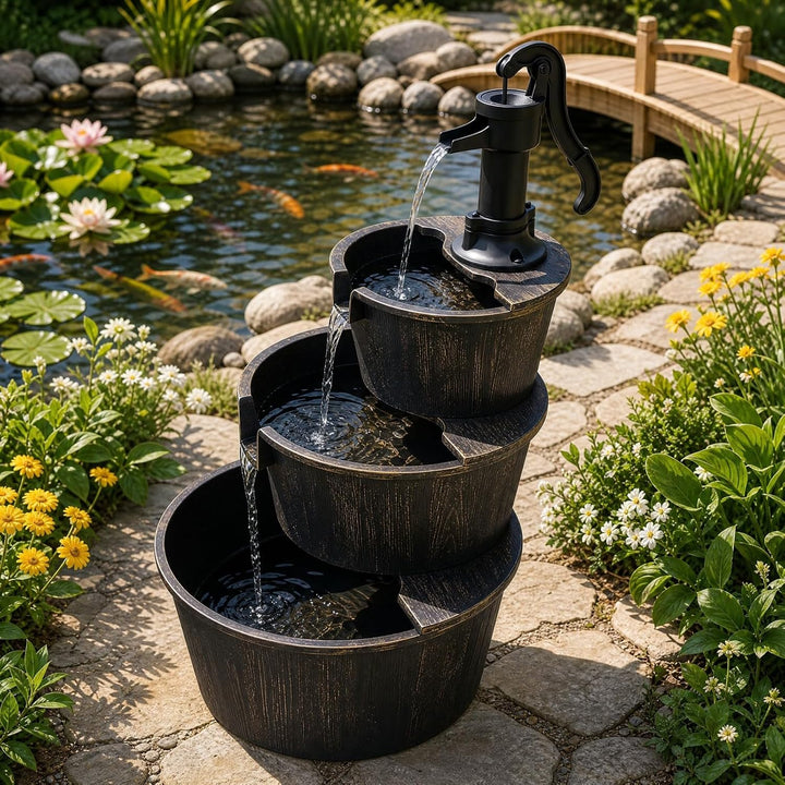 HOMASIS Gartenbrunnen mit Verstellbarer Pumpe, Antikbronze | Springbrunnen mit 3 Ebenen, dekorativer