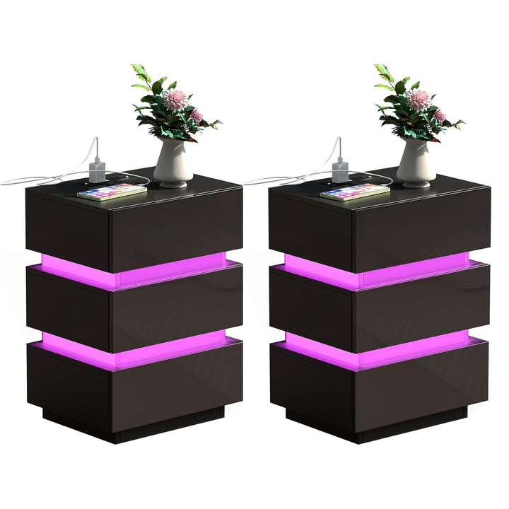 PIPIPOXER 2er Set Nachttisch Schwarz, Nachttisch mit Led Beleuchtung, Nachttisch 3 Schubladen 16 Far