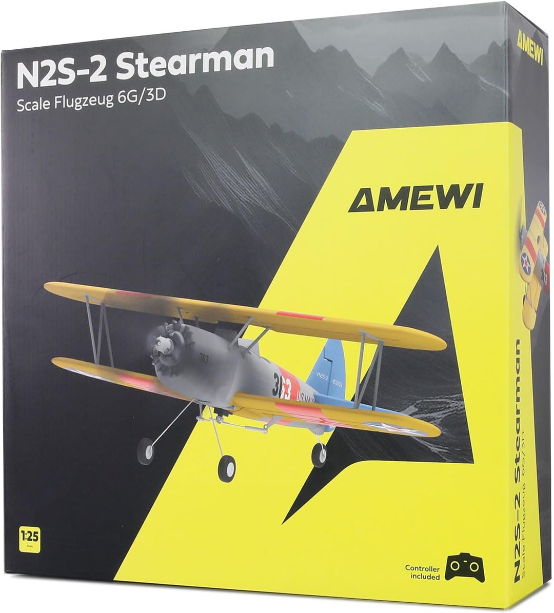 Amewi AMXFlight N2S-2 Stearman 360mm 6G/3D 6-Kanal RTF ferngesteuert Flugzeug RC, Gelb