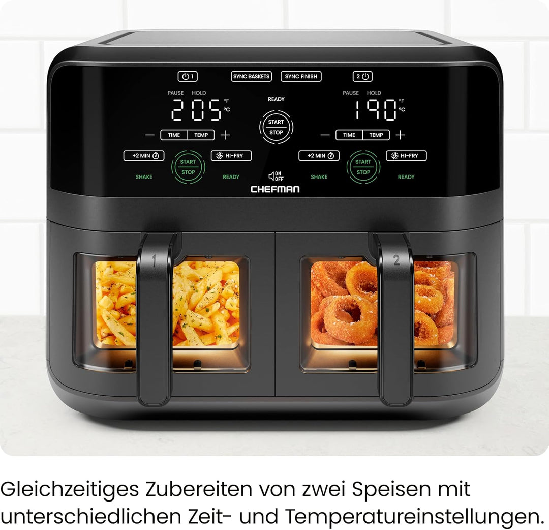 CHEFMAN 5,6 Liter Doppelkorb- Heissluftfritteuse mit Easy-View-Fenster, Sync-Finish, Hi-Fry, automat