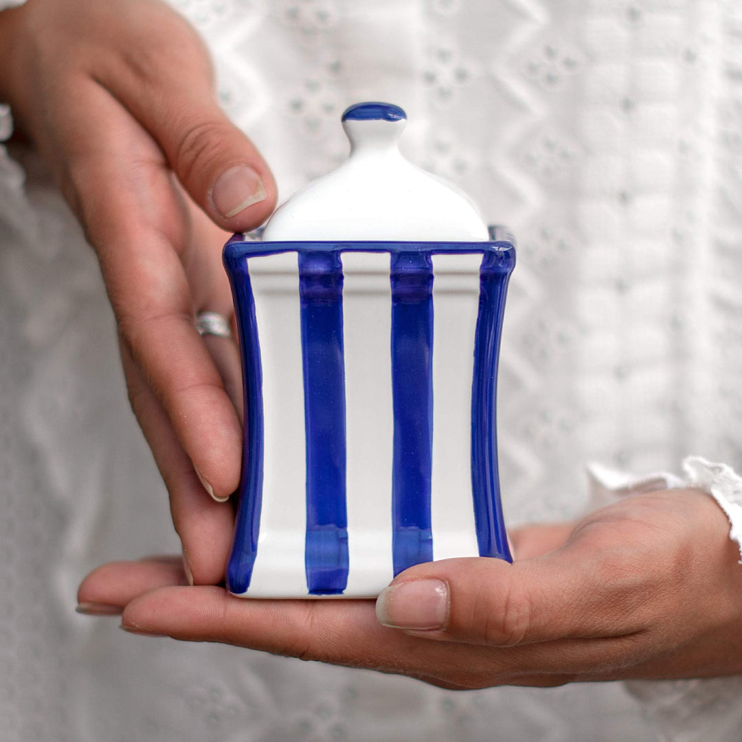 City to Cottage® - Keramik Behälter Küche 150 ml | Blau-Weiss gestreift | Handgemacht | Behälter mit