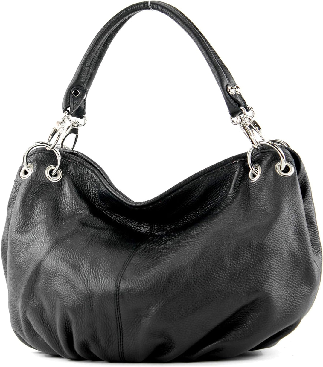 modamoda de - IT40 - ital. Damen Schultertasche aus Leder Schwarz Leder, Schwarz Leder