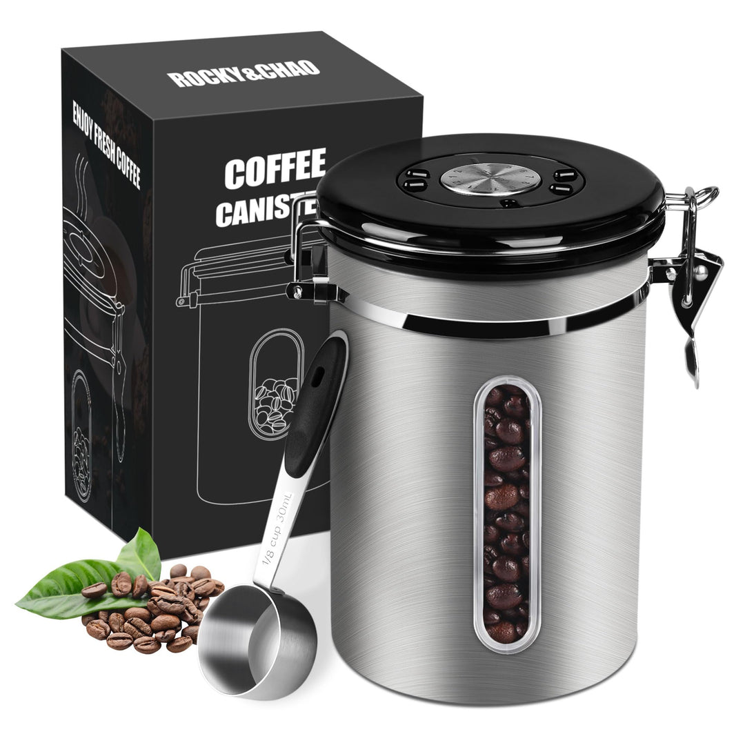 ROCKY&CHAO Kaffeedose Luftdicht aus Edelstahl 1,8L Kaffeebhnen Behälter mit Sichtfenster an der Seit