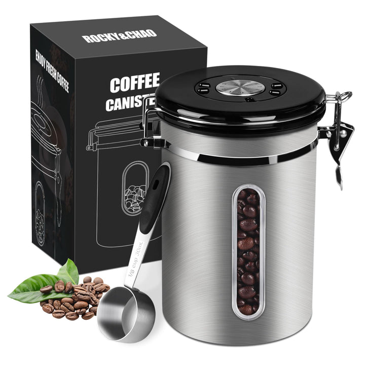 ROCKY&CHAO Kaffeedose Luftdicht aus Edelstahl 1,8L Kaffeebhnen Behälter mit Sichtfenster an der Seit