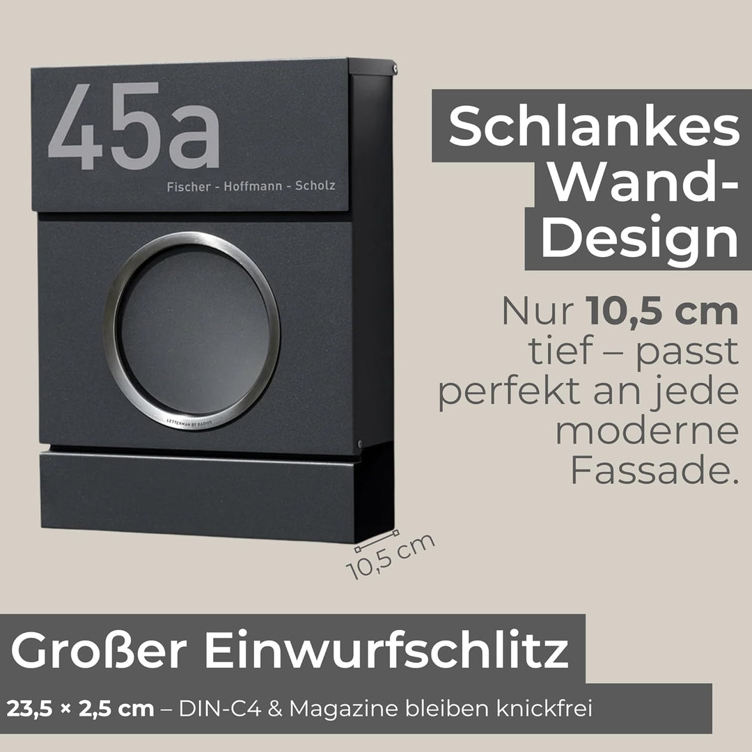 Radius Design Briefkasten Letterman MB mit Bullauge & Zeitungsfach - Wandbriefkasten aus Stahl - gro
