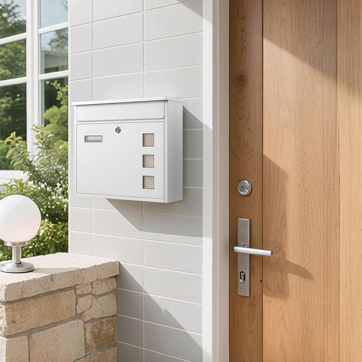 Wiltec Briefkasten V12 weiss 360 x 115 x 320 mm, Wandbriefkasten mit Schloss, Sichtfenstern und Name