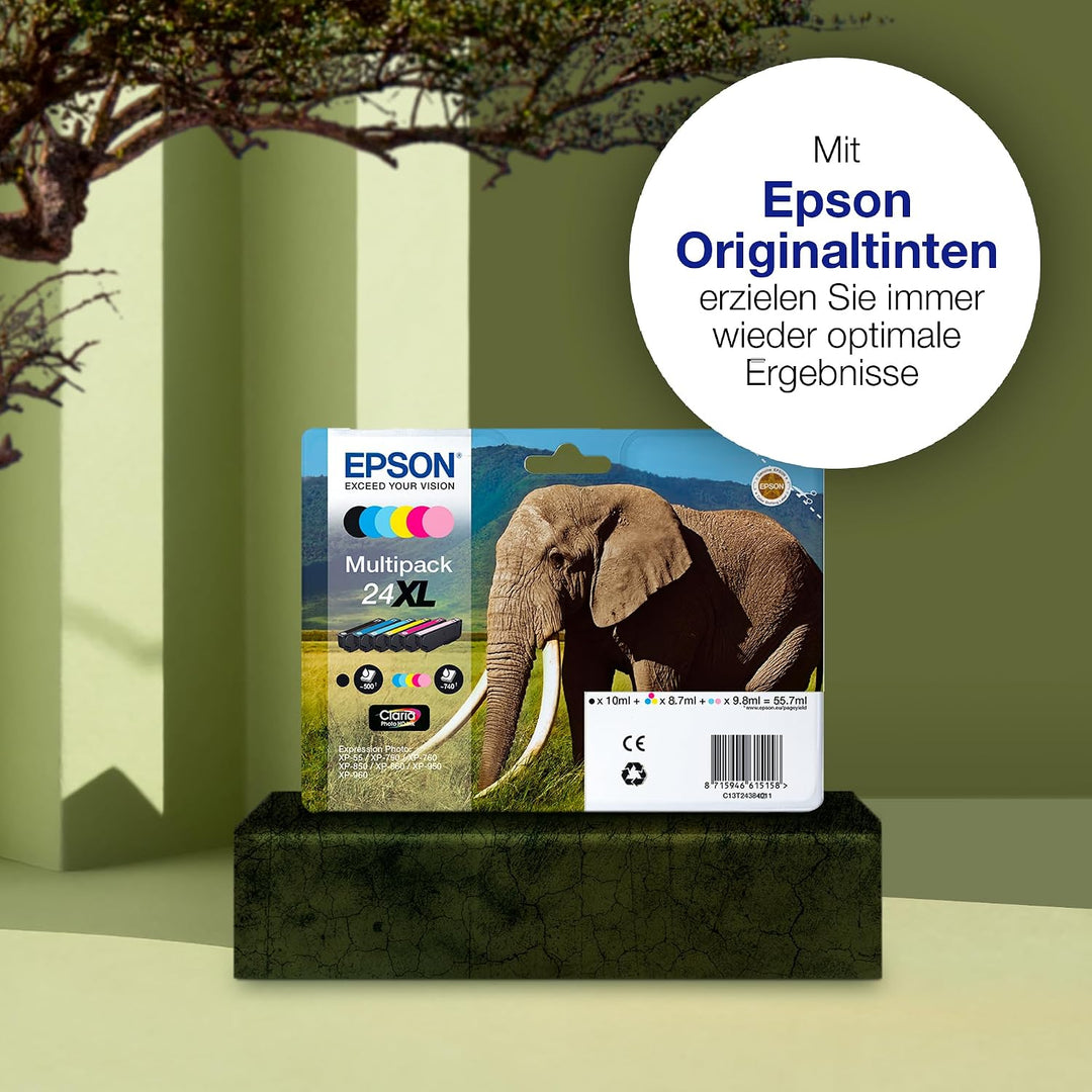 Epson 24XL Elephant High Yield Genuine Multipack, Eco-Friendly Packaging, 6-colours Claria Photo HD