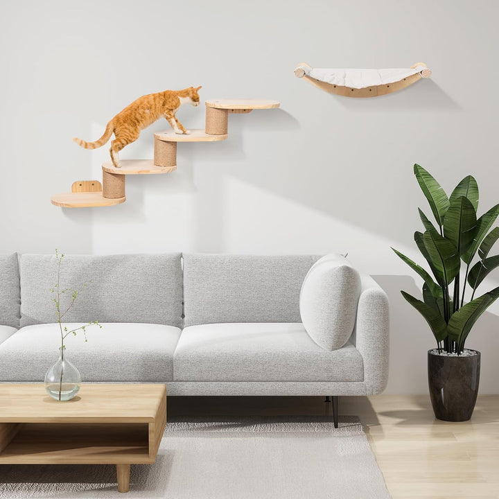 Todeco Kletterwand Katzen Wandmontage inkl. Katzentreppe & Katzenhängematte, Vierstufige Katzenklett
