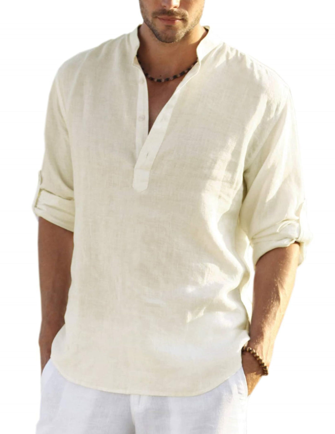 COOFANDY Herren Baumwolle Leinen Henley Shirt Casual Hippie Beach Langarm T-Shirts XL Beige, XL Beig