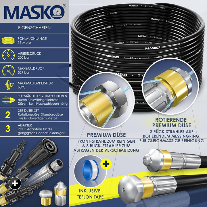 MASKO® Premium Rohrreinigungsschlauch Set Abflussreiniger 15m, 200 bar inkl. Tasche 3 Adapter 2 Düse