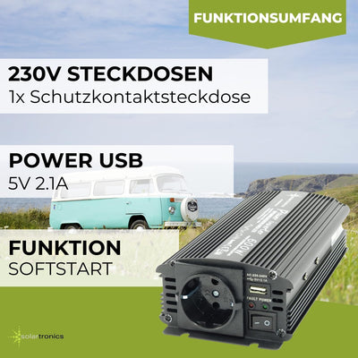 solartronics Spannungswandler Wechselrichter Intverter NM 600-1200 Watt 12V zu 230V schwarz USB Schu