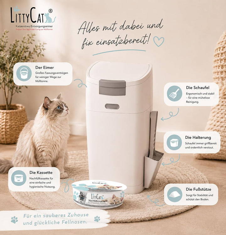 Littycat Katzenstreu Entsorgungseimer mit Schaufel - inkl. Nachfüllkassette - Katzenklo Mülleimer we