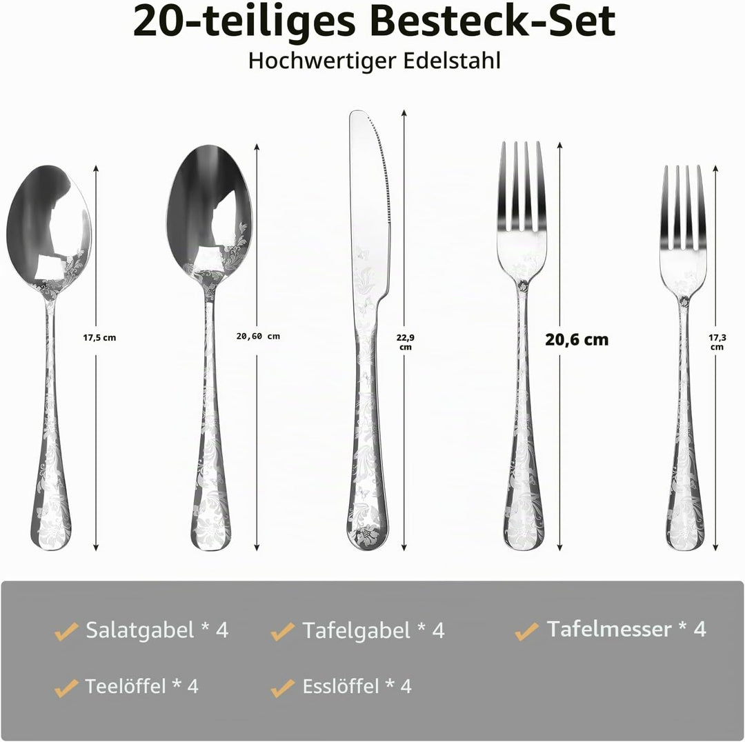 Aoresac Besteck-Set für 4 Personen, 20 Stück, aus Edelstahl, poliertes Muster, mit Blumenspiegel, in
