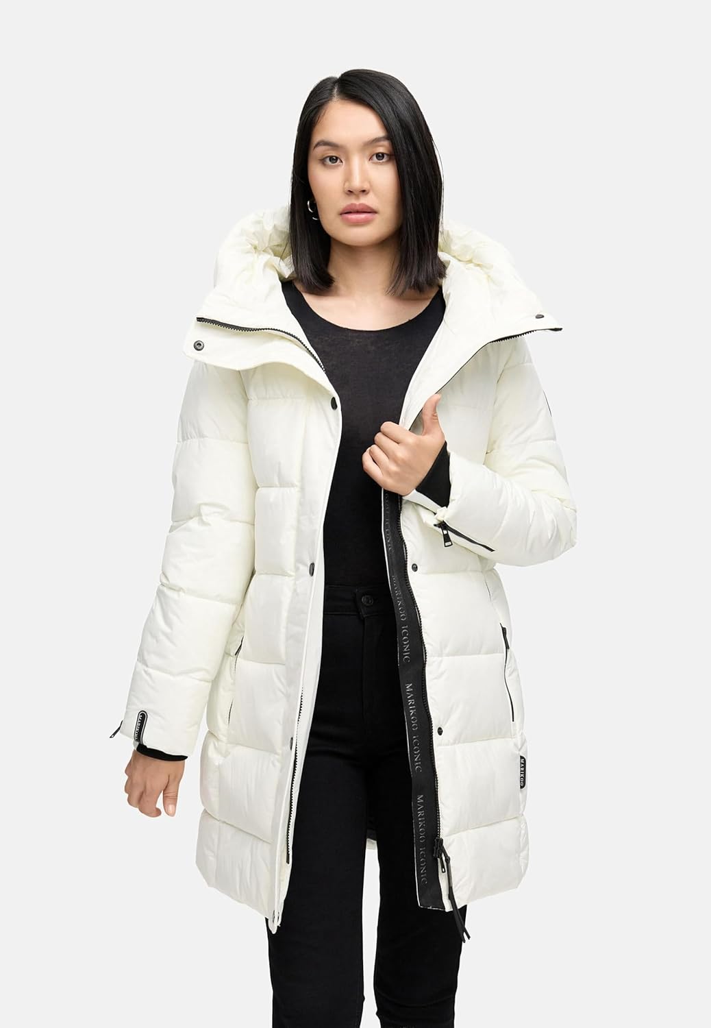 MARIKOO Damen Wintermantel warmer Steppmantel lang mit Kapuze und hohem Kragen Karumikoo XVI XS-5XL