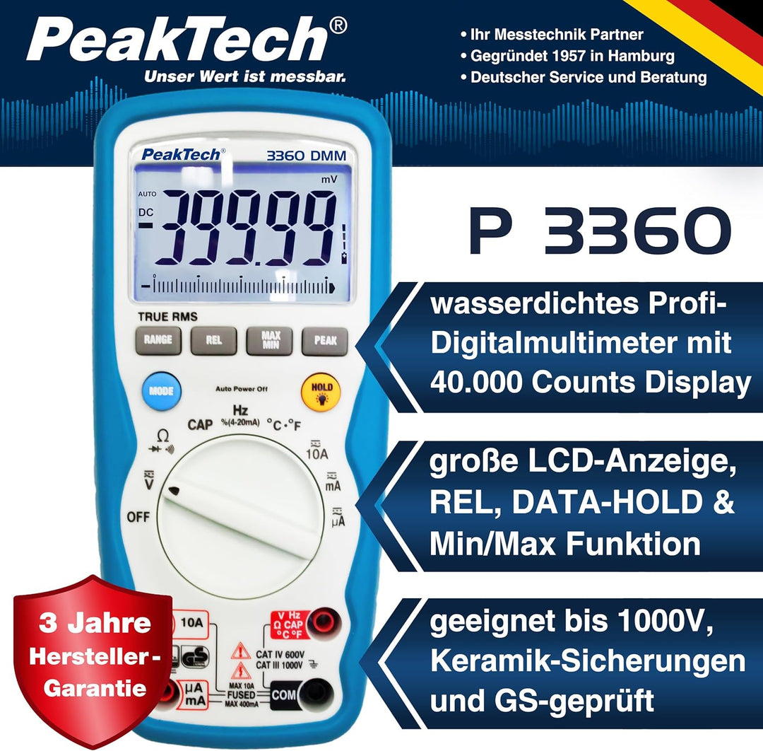 PeakTech P 3360 3360 – True RMS Digital Multimeter, Wasserdicht (IP67), 40000 Counts, Profi-Handmult