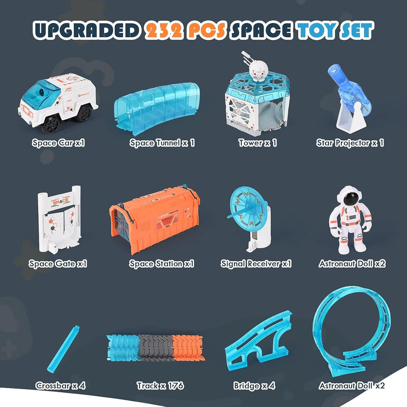 Weinsamkeit 232 Teile Weltraum Rennbahn Set - Flexibles Autorennbahn Set mit 1 Elektroautos und Dreh