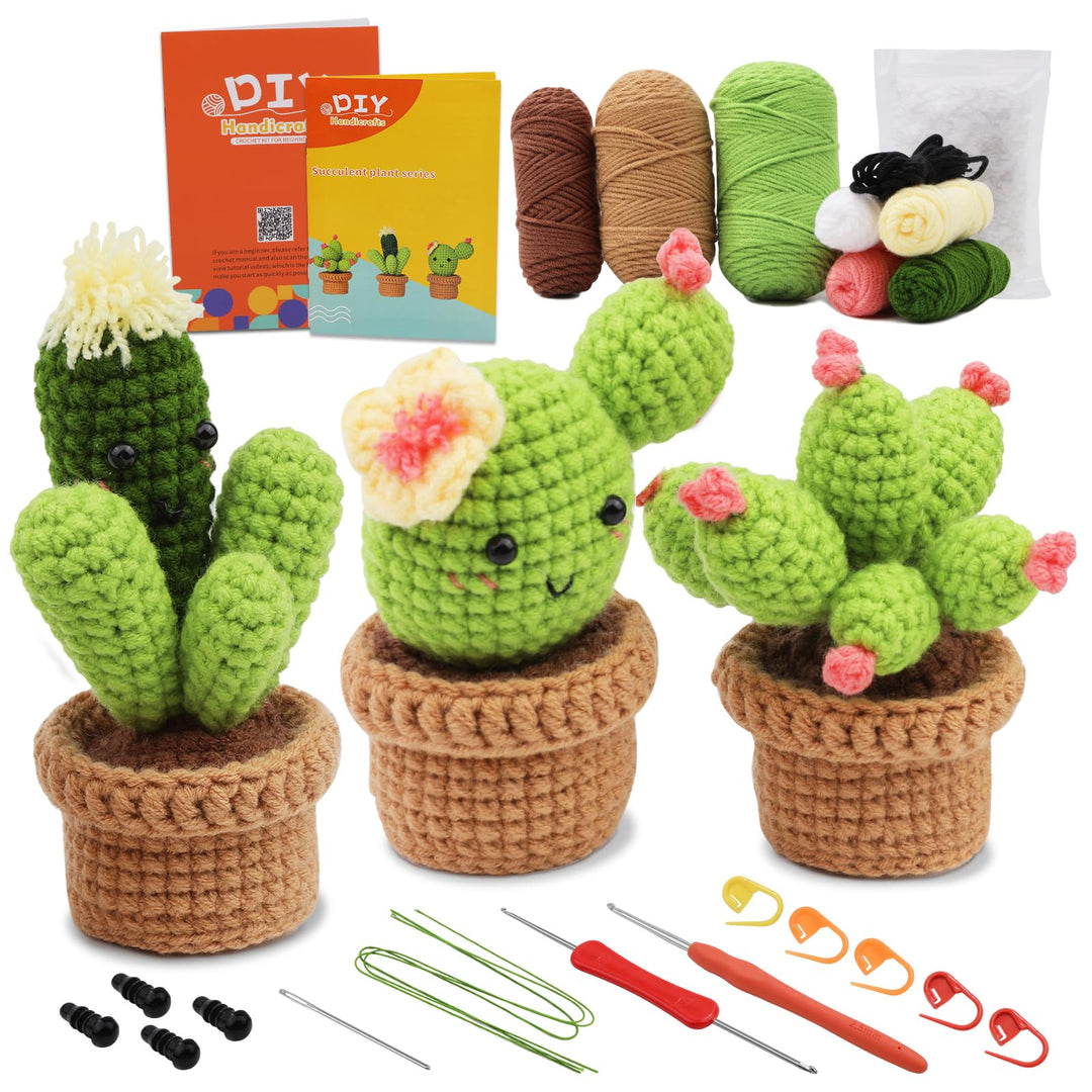 Boriad Häckel Kit für Anfänger,3 Cactus Stricken für Anfänger set,Crochet Set mit Häkelanleitung für