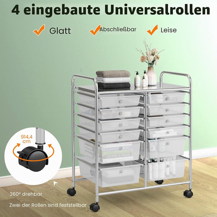 GIANTEX Rollwagen mit 12 Schubladen stapelbar, Schubladenwagen Badrollwagen Küchenwagen mit feststel