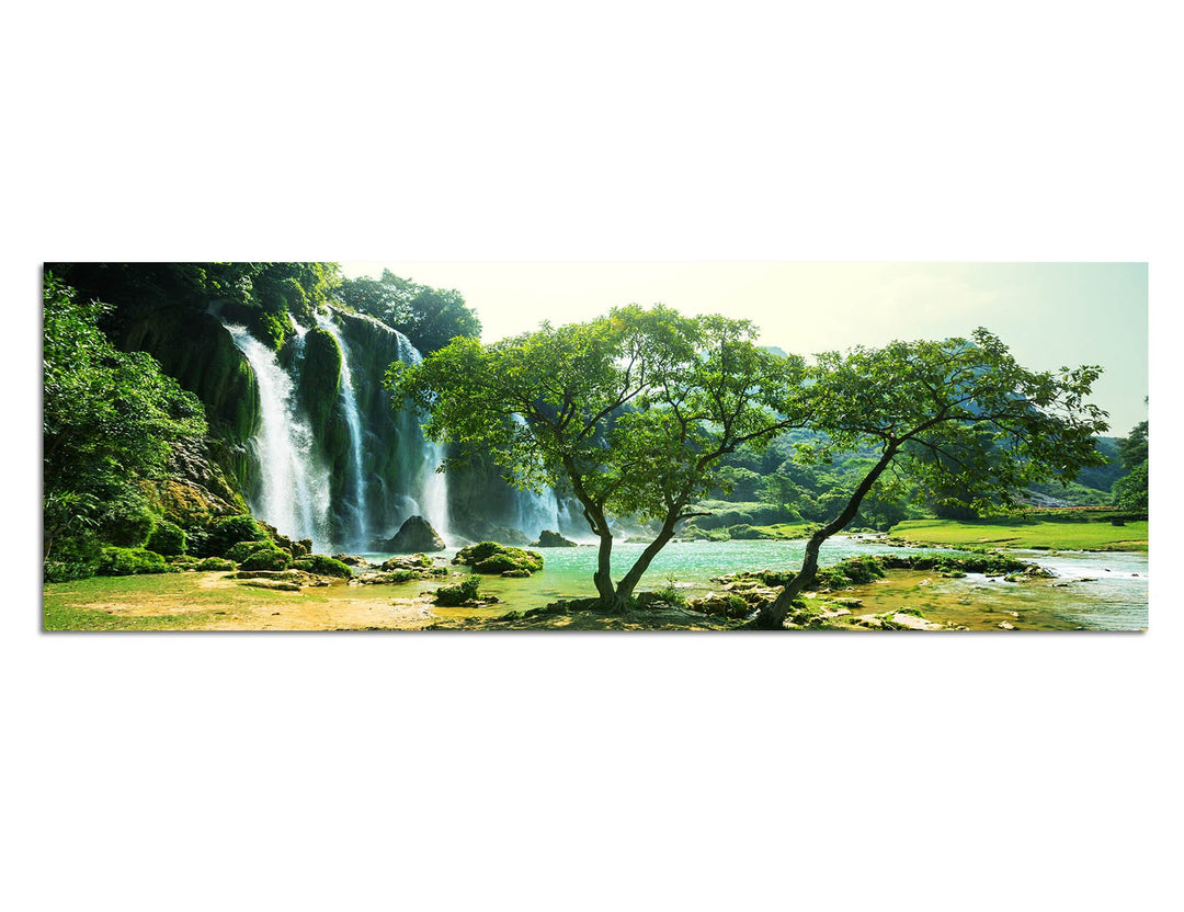 Paul Sinus Art Panoramabild auf Leinwand und Keilrahmen 150x50cm Vietnam Bäume Wald Wasserfall Natur