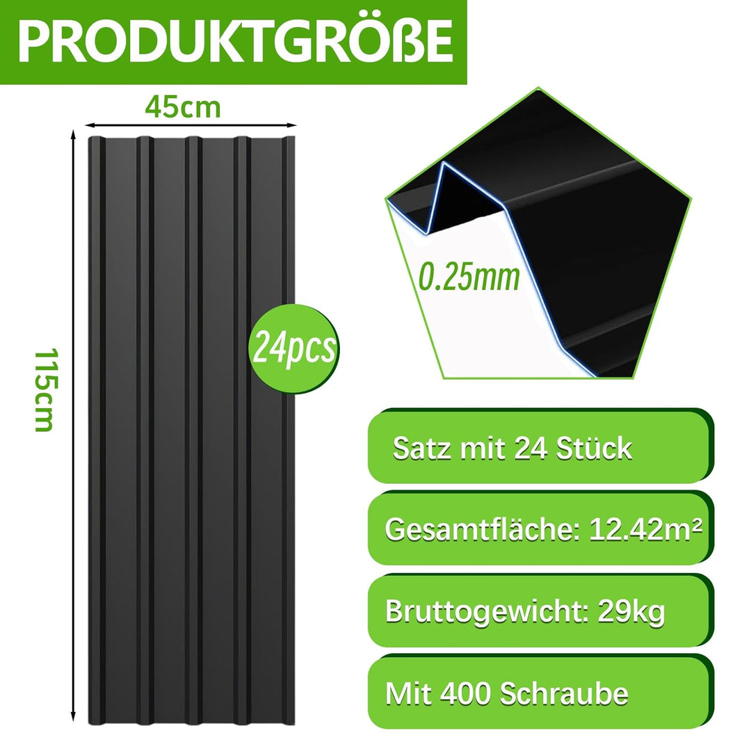 Profilblech Trapezblech 24er Set, 115×45 cm (12,42 m²), Wetterfest Rostresistent Verzinkte Wellblech