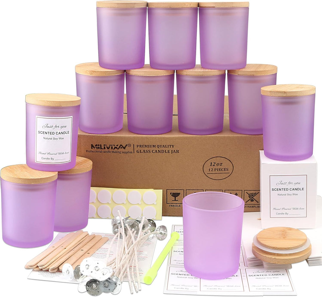 MILIVIXAY 12 Stück 340 ml matte lila Glaskerzengläser mit Deckel und Kerzenherstellungs-Kits – leere