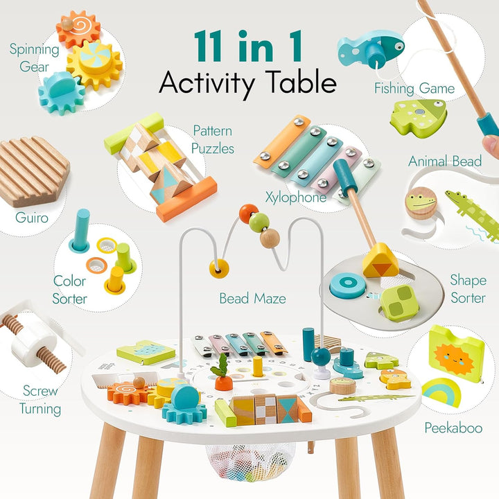 Giant bean Holz Aktivitätstisch für Kinder 1+, 11-in-1 Activity Tisch mit Lern und Motorik Spielzeug