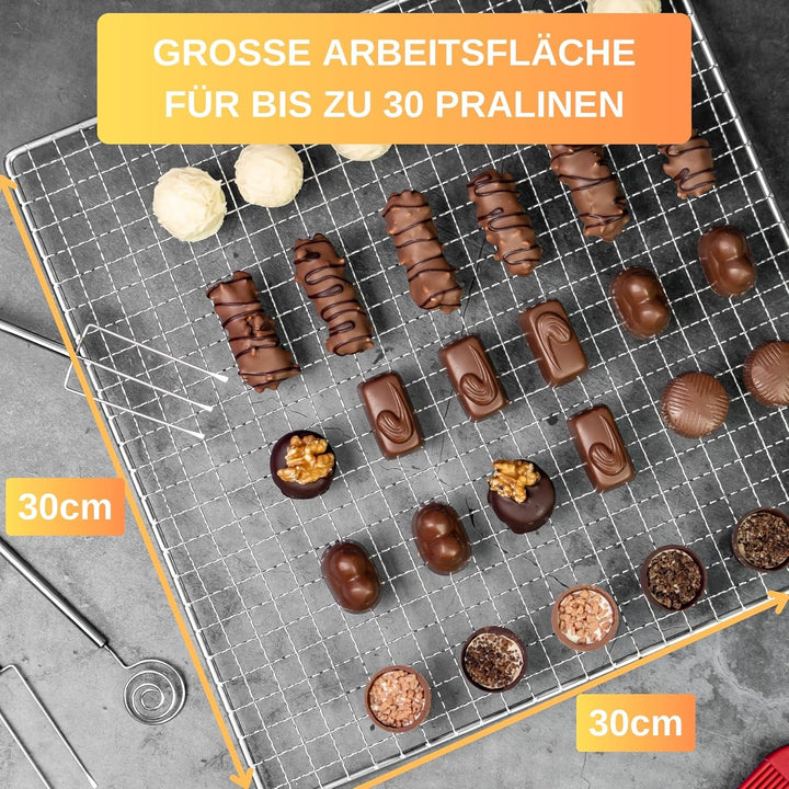 Premium Pralinen Set 5 Teilig - 100 Tage risikofrei testen - Abtropfgitter, 3 Tauchgabeln, Pralinenf