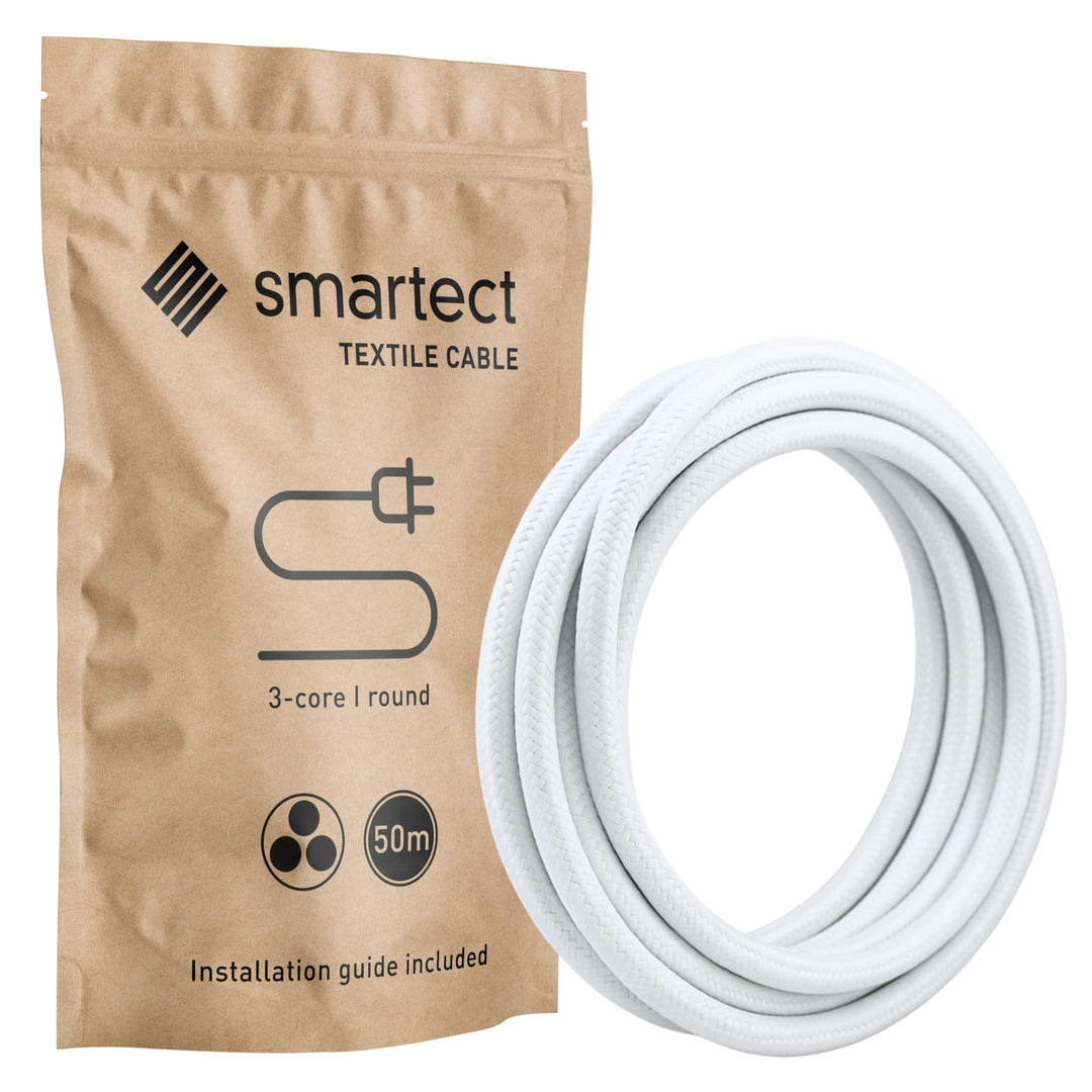 smartect Textilkabel 3-Adrig (3 x 0.75 mm²) Weiss, 50 Meter | Vintage Lampenkabel Stoff, Stromkabel
