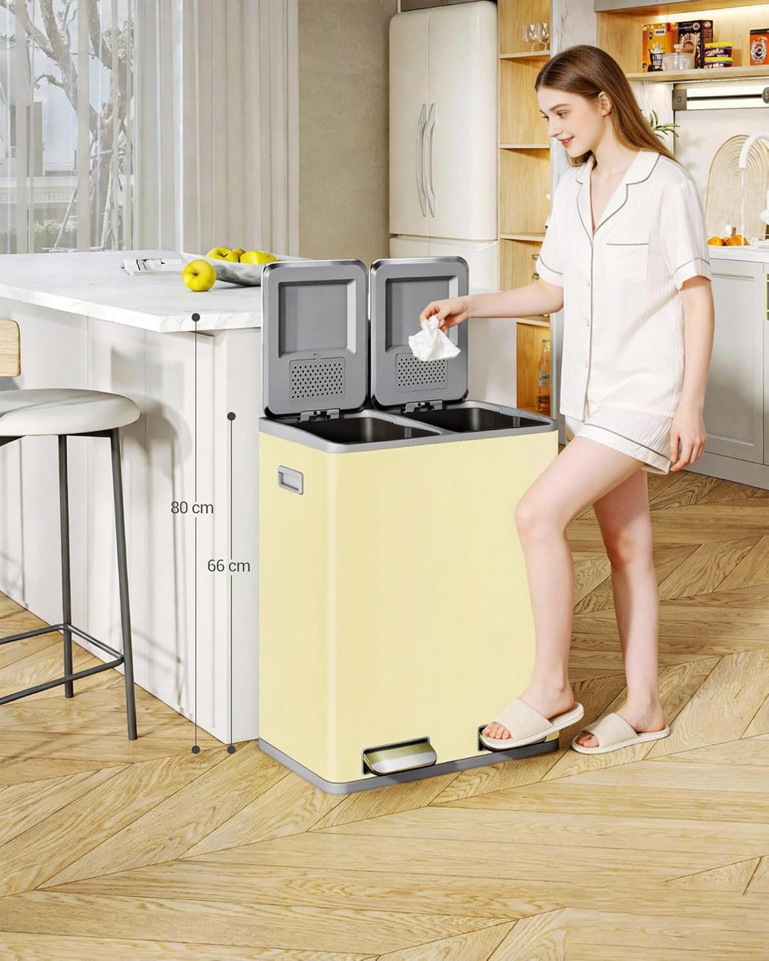 Hzuaneri Mülleimer Küche, 2 x 30 L, Mülltrennsystem 2 Fächer 60 L, Edelstahl-küchenmülleimer, Tretmü
