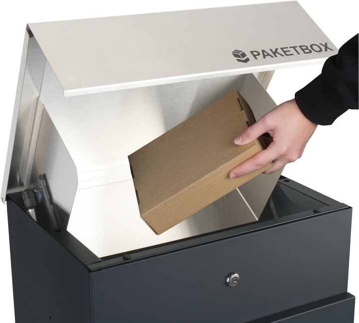 Zelsius Briefkasten Jordan mit Paketfach | pulverbeschichteter Stahl mit Edelstahl Elementen | RAL70