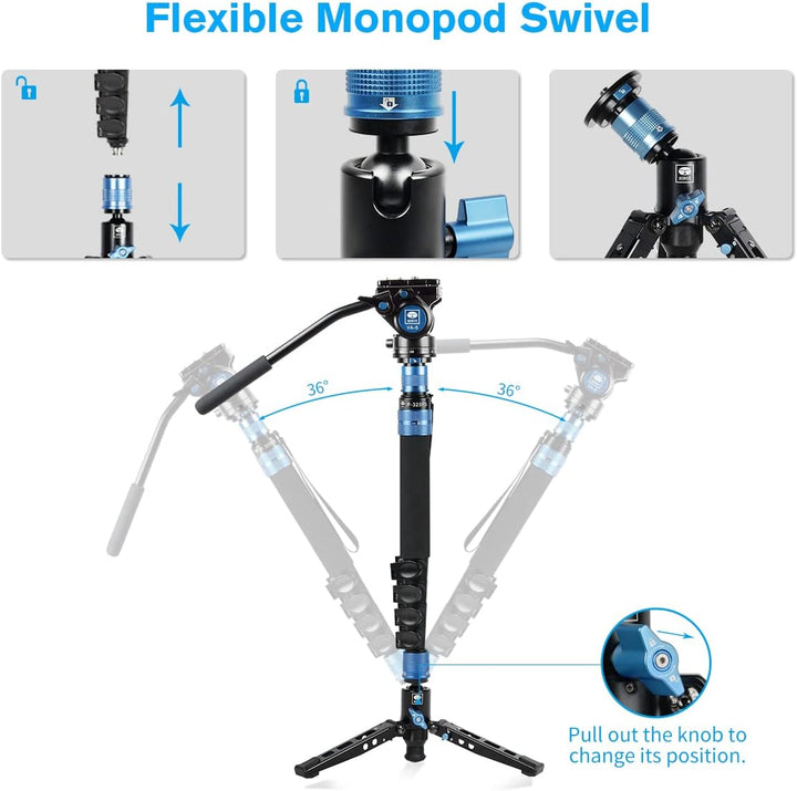 SIRUI P-325FS Carbon Fiber Kamera Video Teleskop Einbeinstativ Monopod kit mit Standfuss 148,3 cm,Le