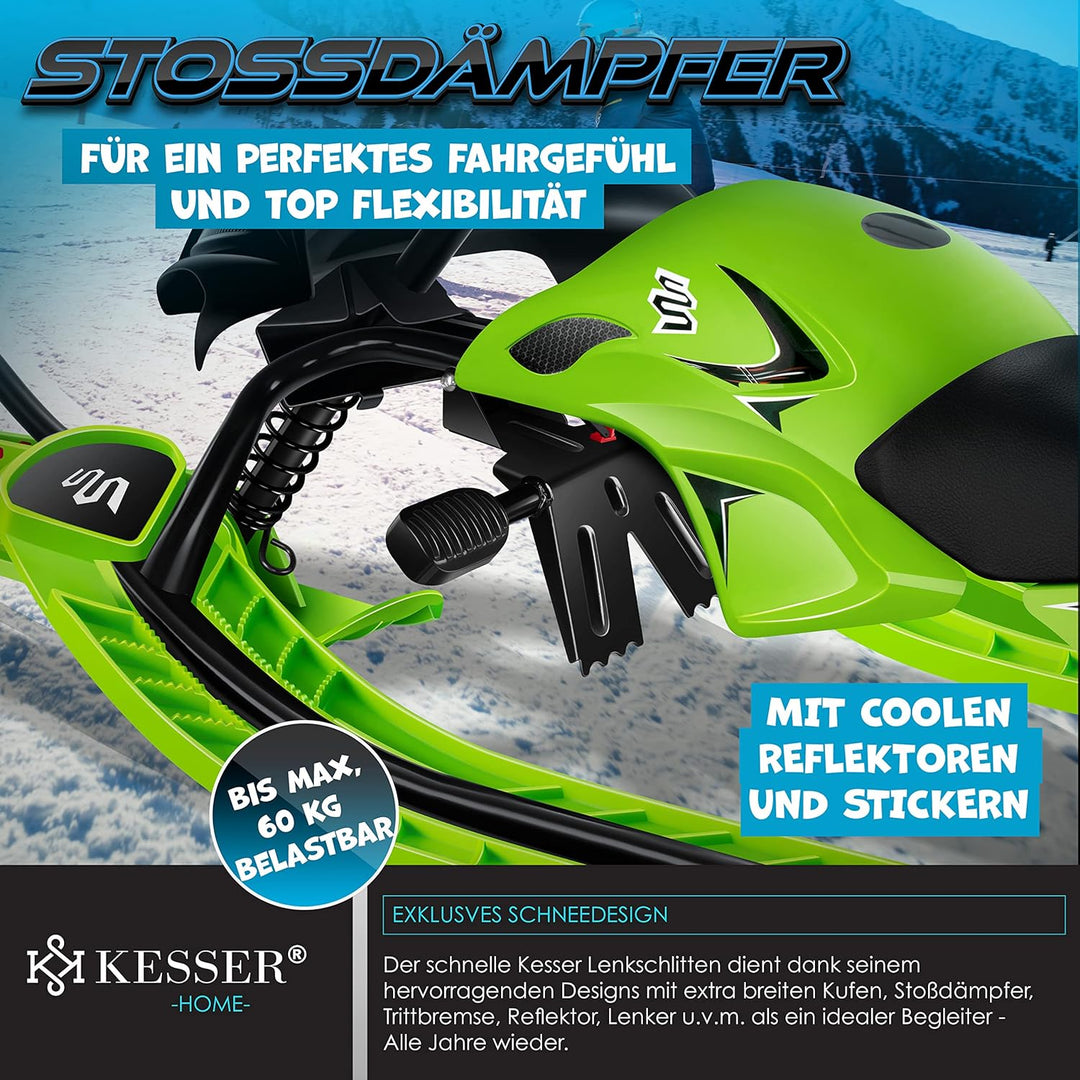 KESSER® Lenkschlitten mit 2 Fussbremsen | Automatisches Zugseil | Federung | Kufenlenkung | Bob Kind