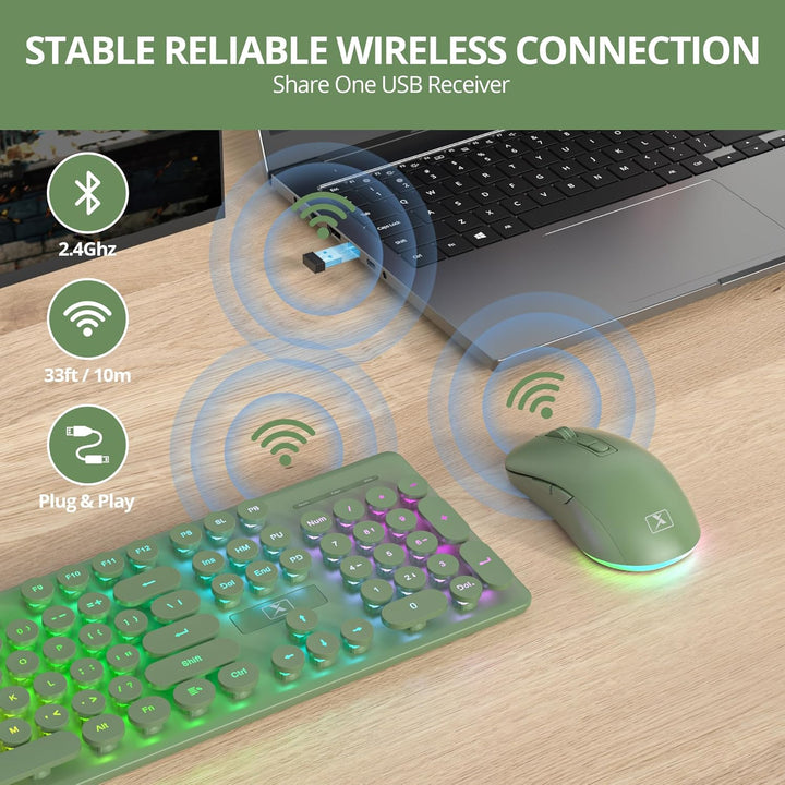 SOLIDEE Beleuchtetes Kabellose Tastatur und Maus Set, 2.4 GHz Wiederaufladbar, Grüne Retro Schreibma