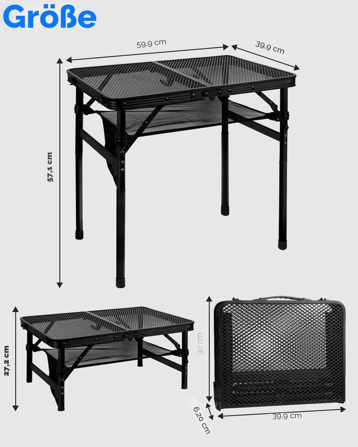 MSDADA Klappbarer Grilltisch, Höhenverstellbarer Aluminiumtisch mit Netz-Desktop und Netztasche, Tra