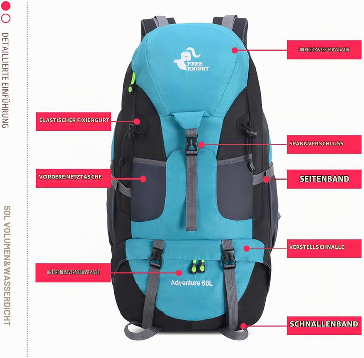 Bseash 50L Leichter wasserfester Wanderrucksack, Outdoor Sport Tagesrucksack Multifunktions Reisetas