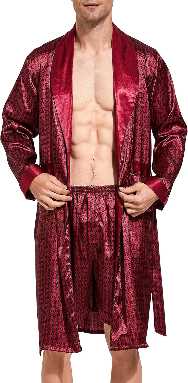 Herren Satin Bademantel, Leichter Seiden Langarm Bademantel mit Shorts Set, Spa Kimono Nachtwäsche X