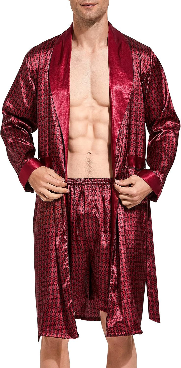 Herren Satin Bademantel, Leichter Seiden Langarm Bademantel mit Shorts Set, Spa Kimono Nachtwäsche X