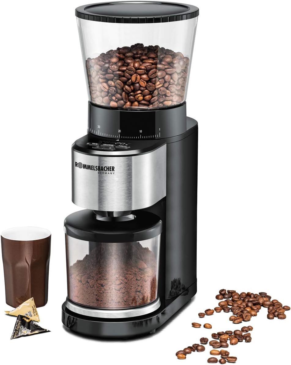 ROMMELSBACHER Kaffeemühle EKM 500 - Kegelmahlwerk, Präzisions-Waage, Halterung für Siebträger, Mahlg