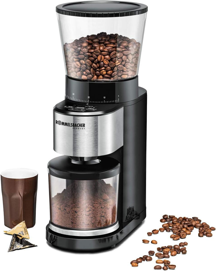 ROMMELSBACHER Kaffeemühle EKM 500 - Kegelmahlwerk, Präzisions-Waage, Halterung für Siebträger, Mahlg