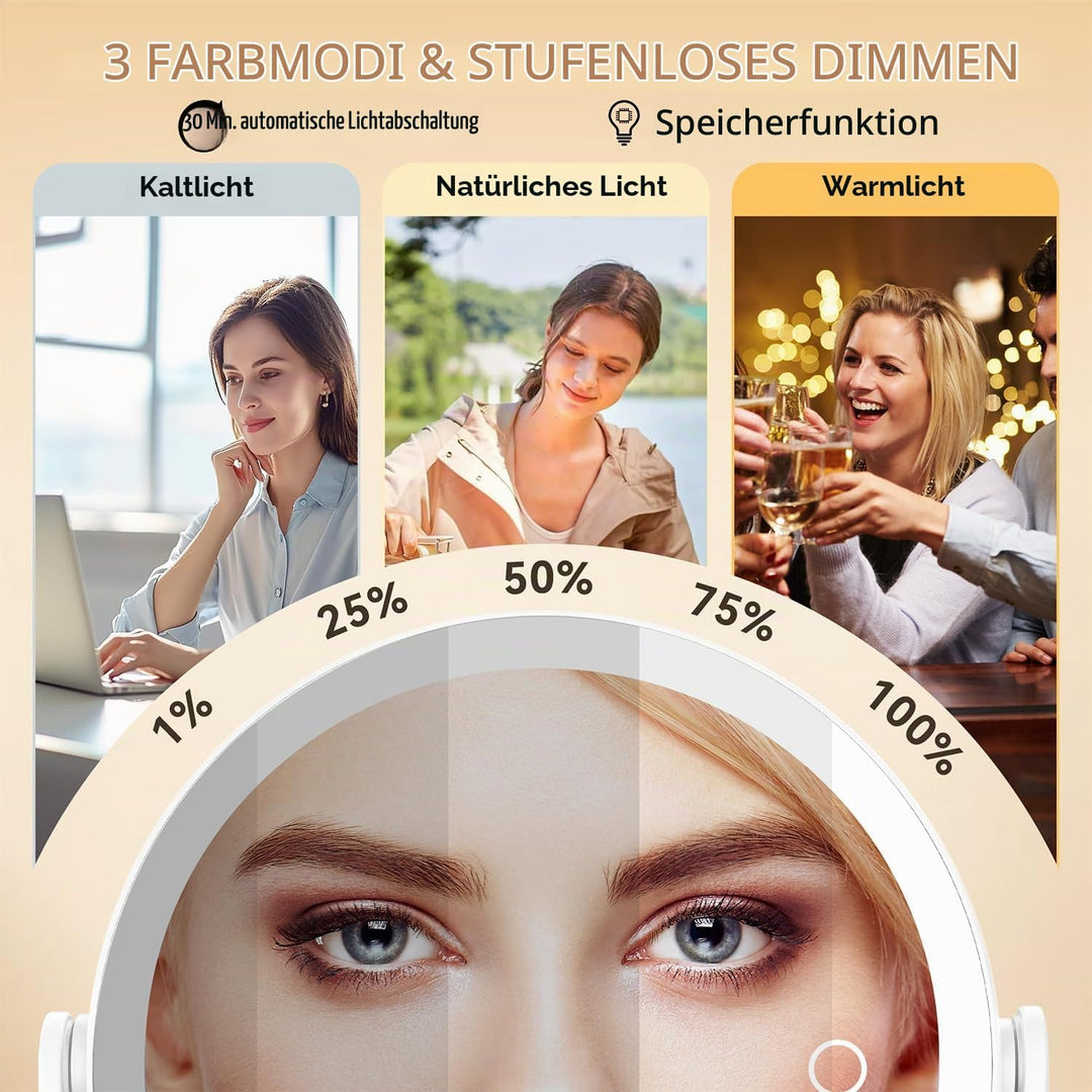 Auxmir Kosmetikspiegel ohne Bohren mit 1X/30X Vergrösserung, LED Beleuchtung Dimmbarer Schminkspiege