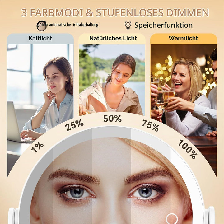 Auxmir Kosmetikspiegel ohne Bohren mit 1X/30X Vergrösserung, LED Beleuchtung Dimmbarer Schminkspiege