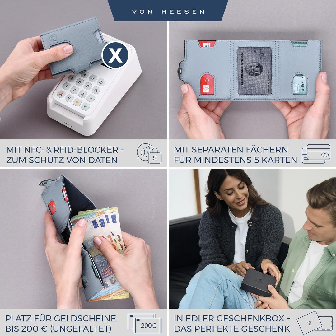 VON HEESEN Slim Wallet mit XXL Münzfach &amp; RFID-Schutz - Leder Geldbeutel - Mini Geldbörse für Herren