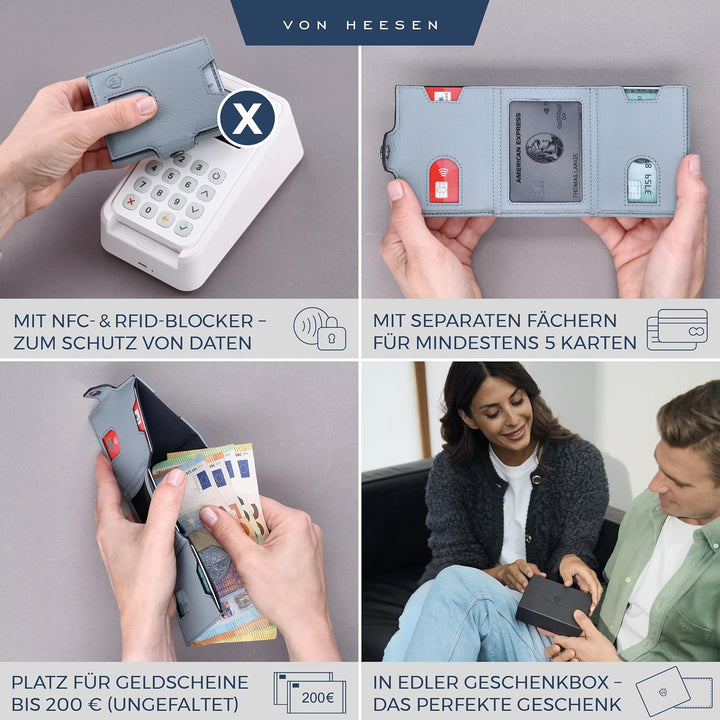 VON HEESEN Slim Wallet mit XXL Münzfach &amp; RFID-Schutz - Leder Geldbeutel - Mini Geldbörse für Herren
