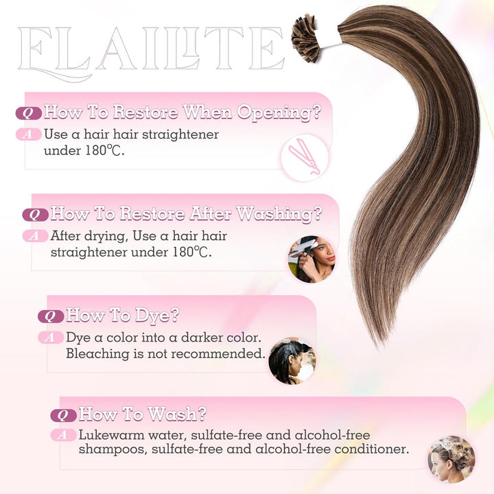 Elailite Echthaar Bonding Extensions Balayage Mittelbraun + Honigblond 25 Strähnen 25g Haarverlänger