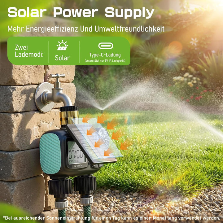 2-Zonen Solar Bewässerungscomputer, Automatische Bewässerung Wasser Zeitschaltuhr mit Solaraufladung