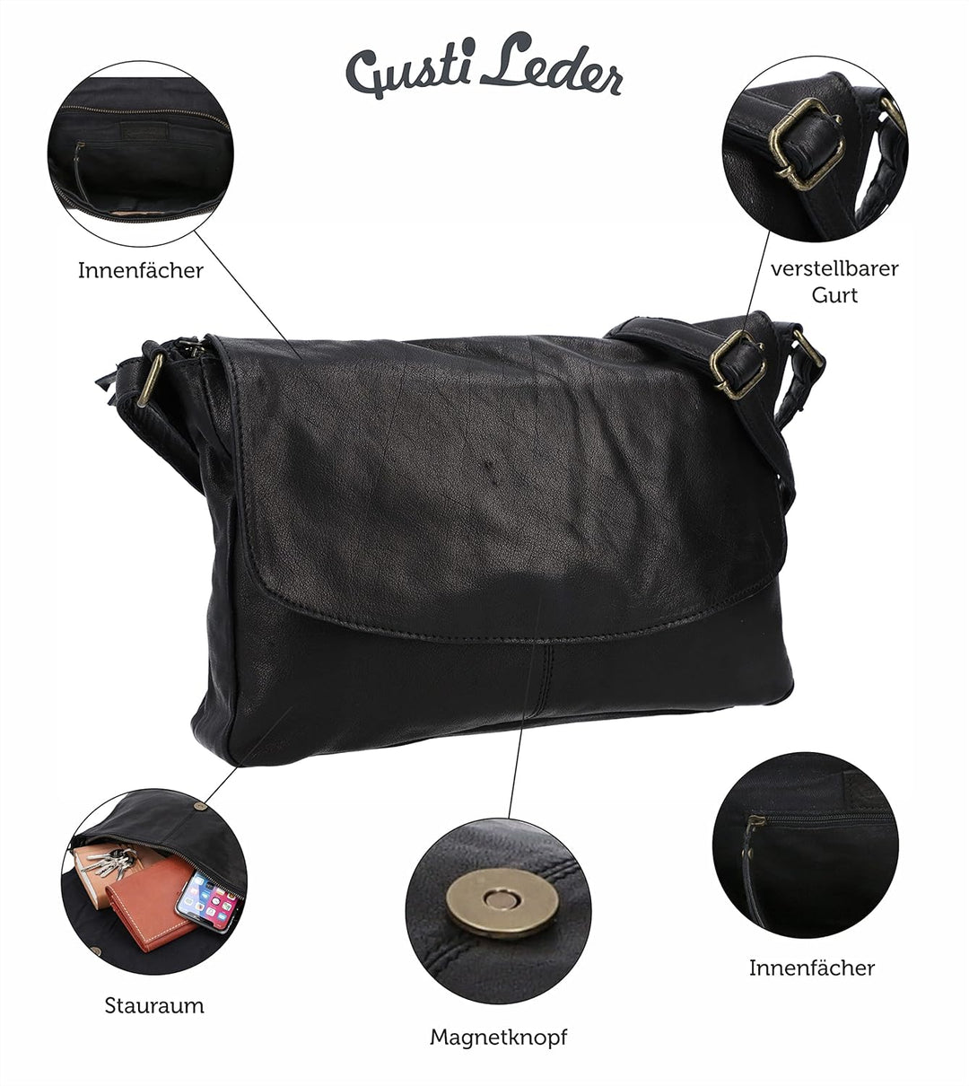 Gusti Handtasche Leder - Maisie Damen Handtasche Schultertasche Umhängetasche Ledertasche klein Schw