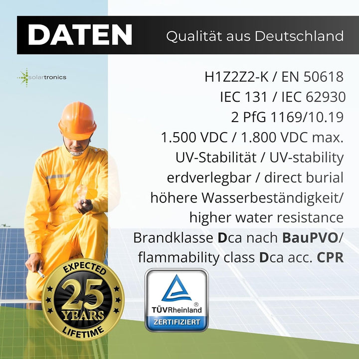 SOLARTRONICS Solarkabel 10mm² 15m Rot, H1Z2Z2-K, flexibel, erdverlegbar, PV-Kabel für Photovoltaikan